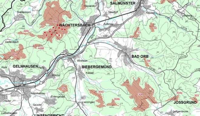 Vorrangflächen gemäss Entwurf 2013 des Sachlichen Teilplans Erneuerbare Energien - Regionalplan Südhessen rund um Bad Orb